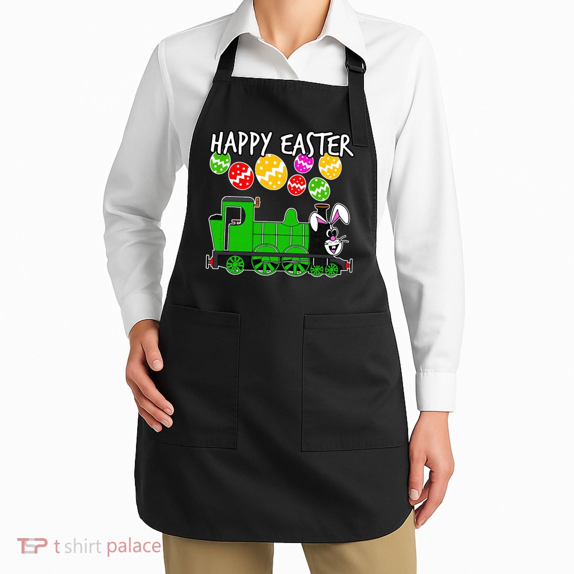 Happy Easter Steam Train Engine Bunny Chocolate Eggs Apron