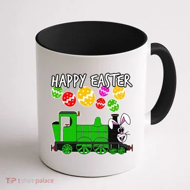 Happy Easter Steam Train Engine Bunny Chocolate Eggs Coffee Mug back