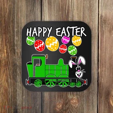 Happy Easter Steam Train Engine Bunny Chocolate Eggs Coaster