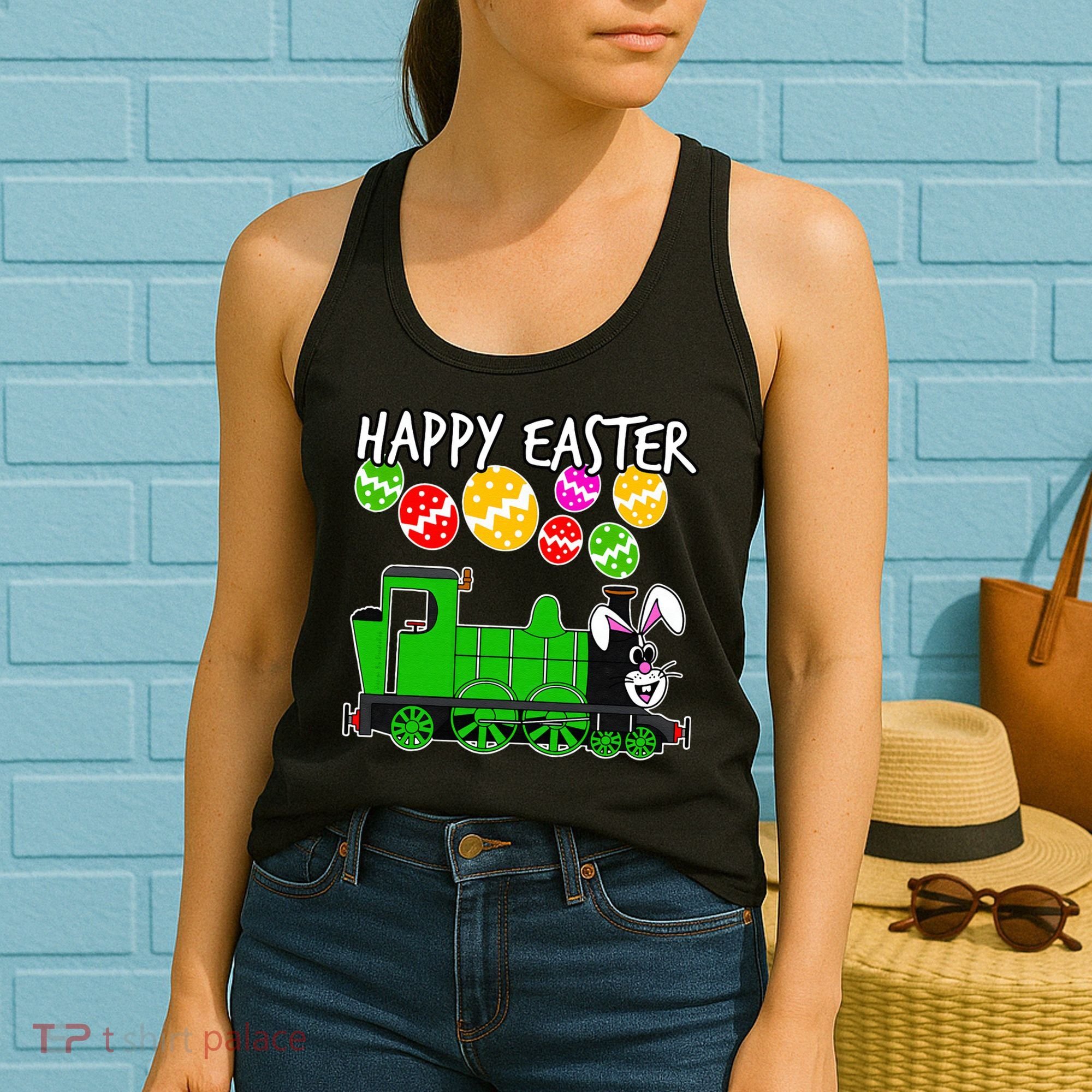 Happy Easter Steam Train Engine Bunny Chocolate Eggs Women's Tank Top