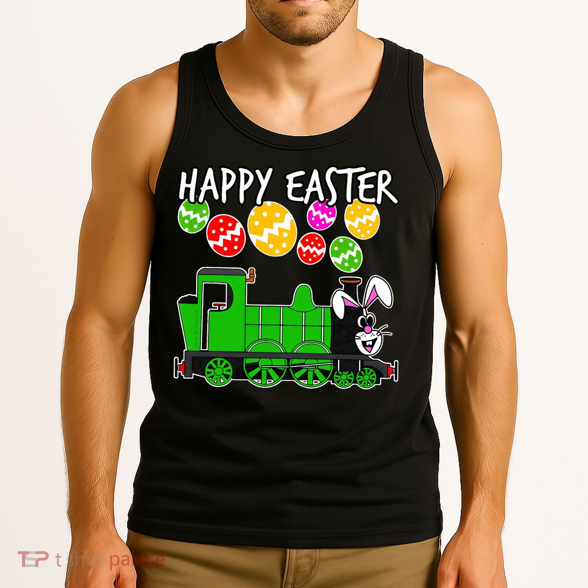 Happy Easter Steam Train Engine Bunny Chocolate Eggs Tank Top