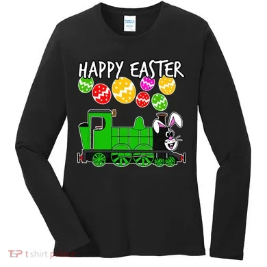 Happy Easter Steam Train Engine Bunny Chocolate Eggs Women's Long Sleeve Shirt