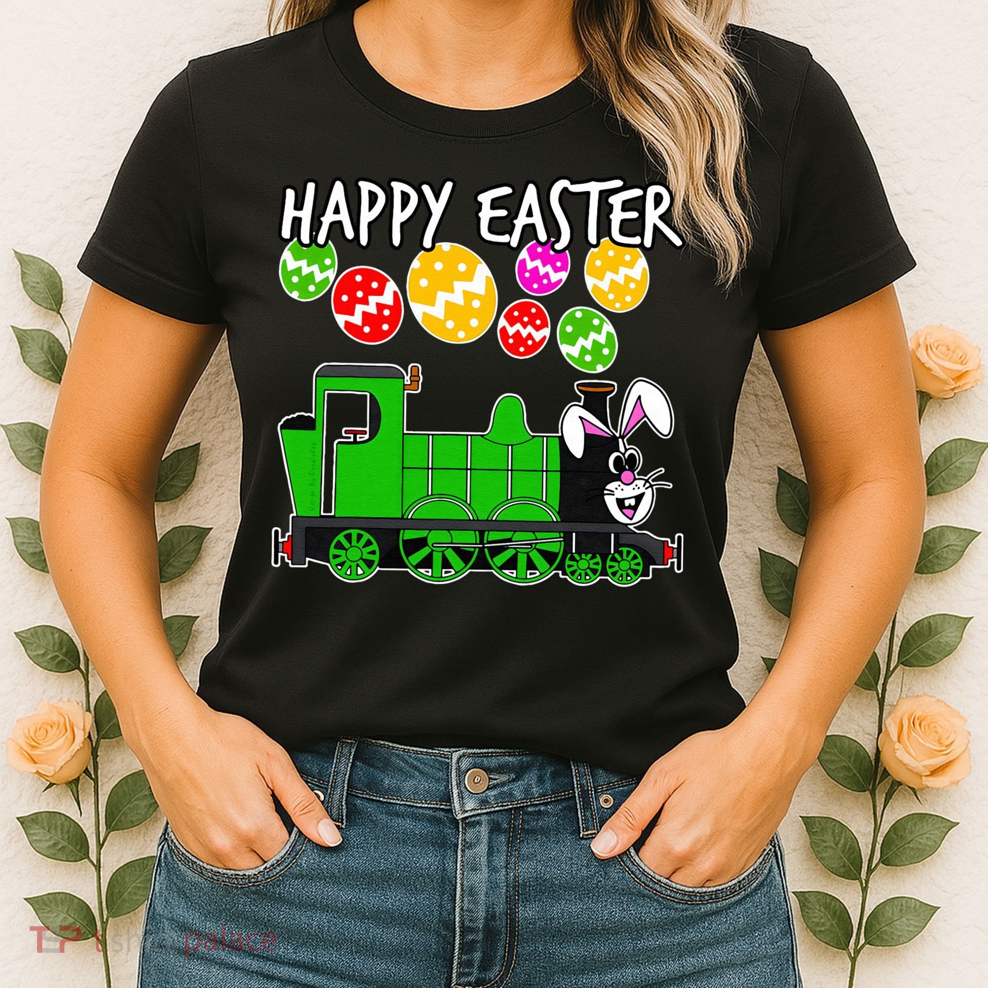 Happy Easter Steam Train Engine Bunny Chocolate Eggs Women's T-Shirt