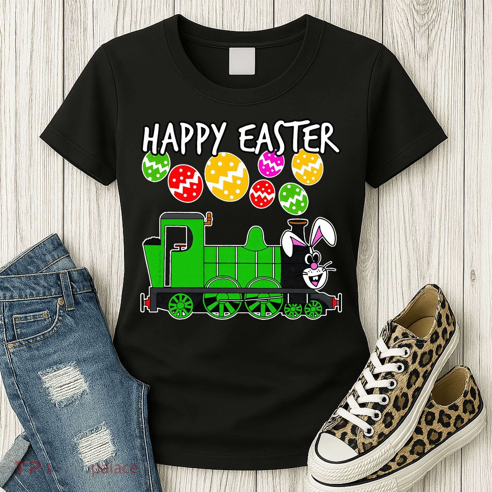 Happy Easter Steam Train Engine Bunny Chocolate Eggs Women's T-Shirt