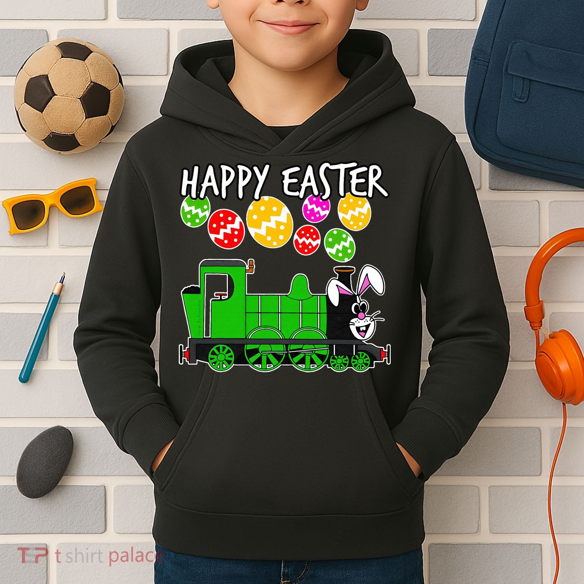 Happy Easter Steam Train Engine Bunny Chocolate Eggs Kids Hoodie