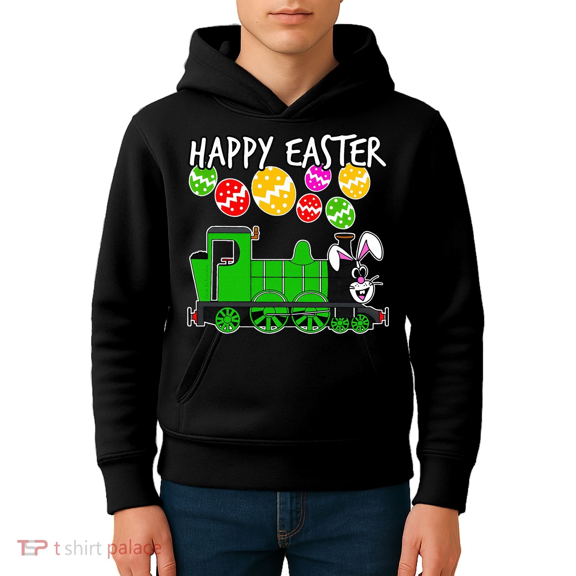 Happy Easter Steam Train Engine Bunny Chocolate Eggs Kids Hoodie