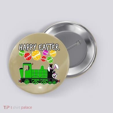 Happy Easter Steam Train Engine Bunny Chocolate Eggs Button