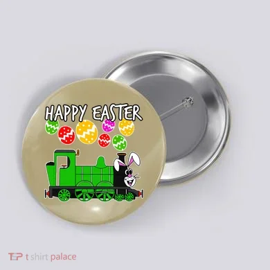 Happy Easter Steam Train Engine Bunny Chocolate Eggs Button