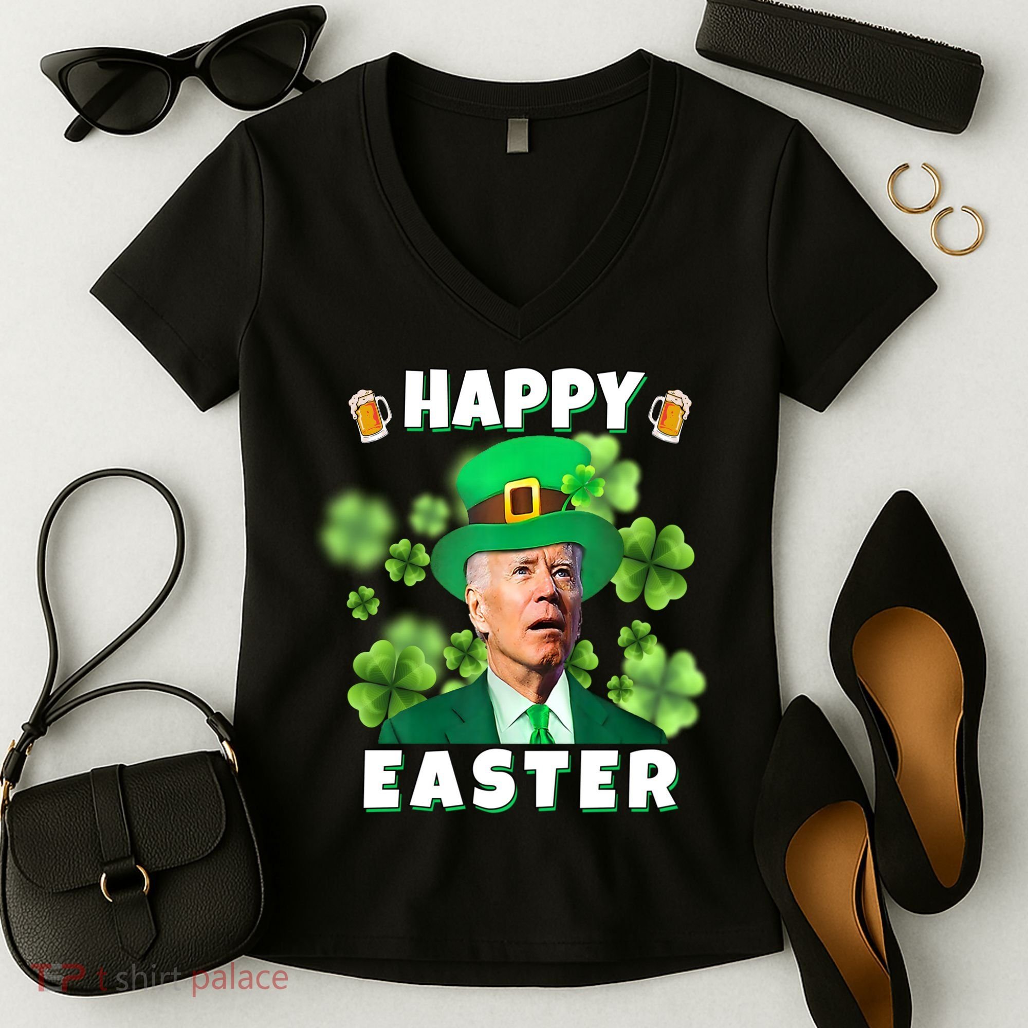 Happy Easter St Patrick's Day Confused Joe Biden Funny Women's V-Neck T-Shirt