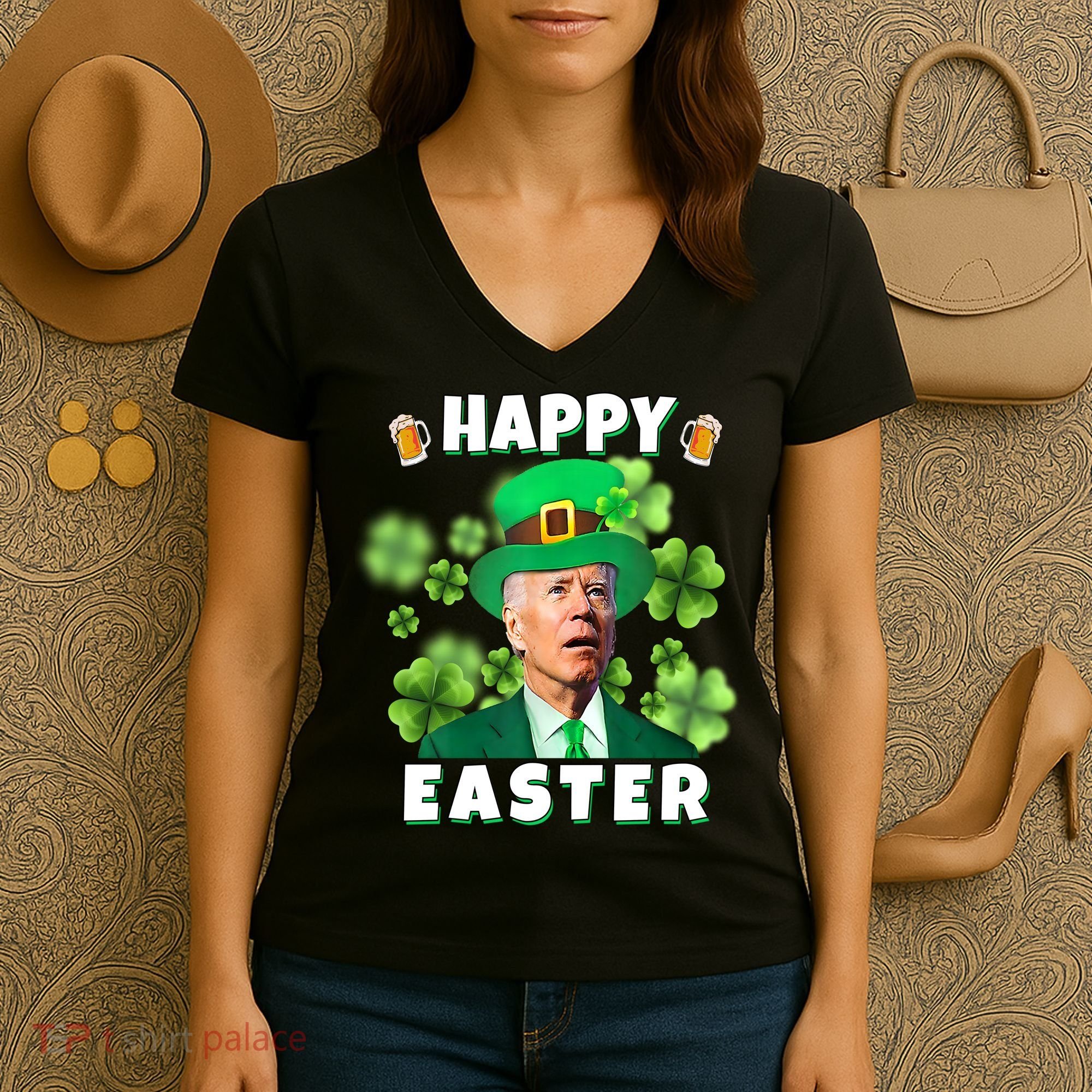 Happy Easter St Patrick's Day Confused Joe Biden Funny Women's V-Neck T-Shirt