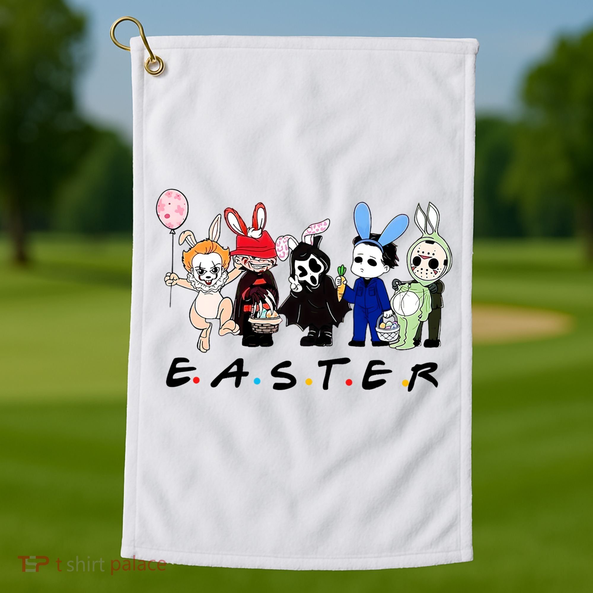 Happy Easter Scary Horror Easter Movie Bunny Hunting Eggs Golf Towel