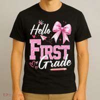 Hello First 1st Grade First Day Of School Coquette Teacher T-Shirt thumb 3