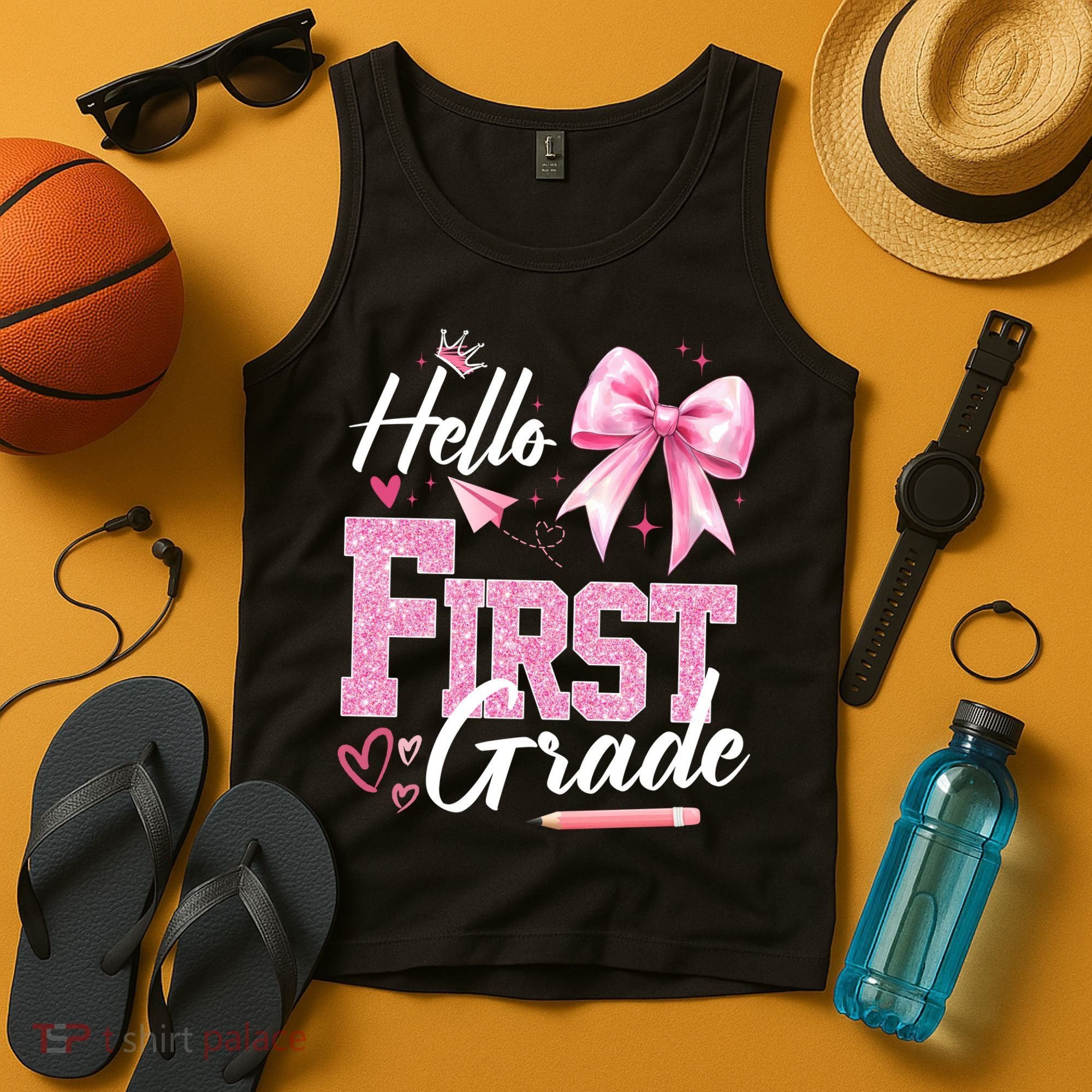 Hello First 1st Grade First Day Of School Coquette Teacher Tank Top