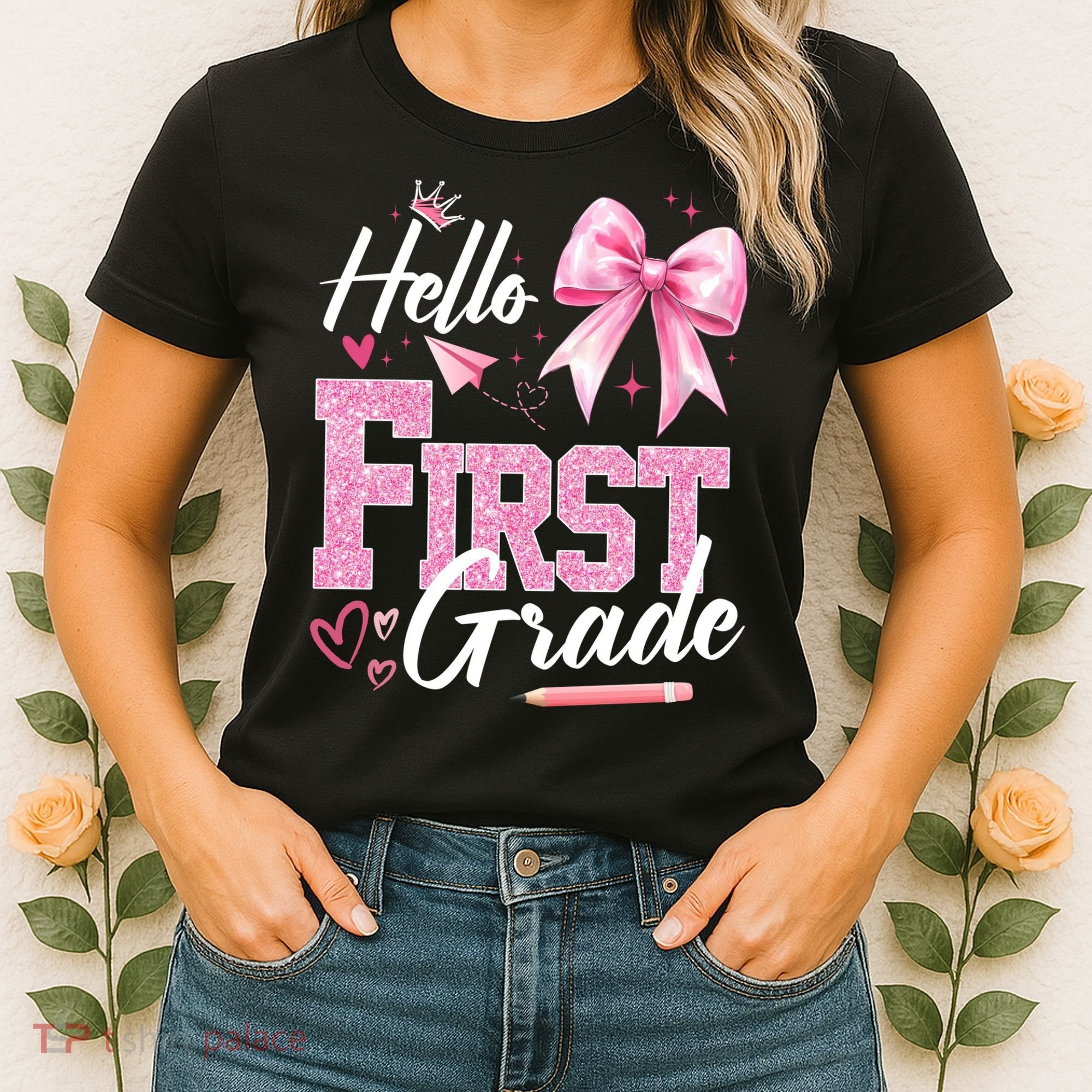 Hello First 1st Grade First Day Of School Coquette Teacher Women's T-Shirt