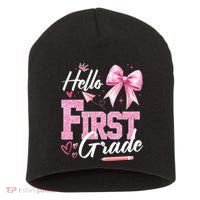 Hello First 1st Grade First Day Of School Coquette Teacher Short Acrylic Beanie thumb 0