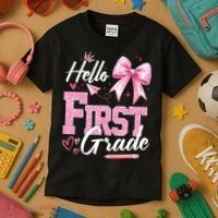 Hello First 1st Grade First Day Of School Coquette Teacher Kids T-Shirt thumb 3