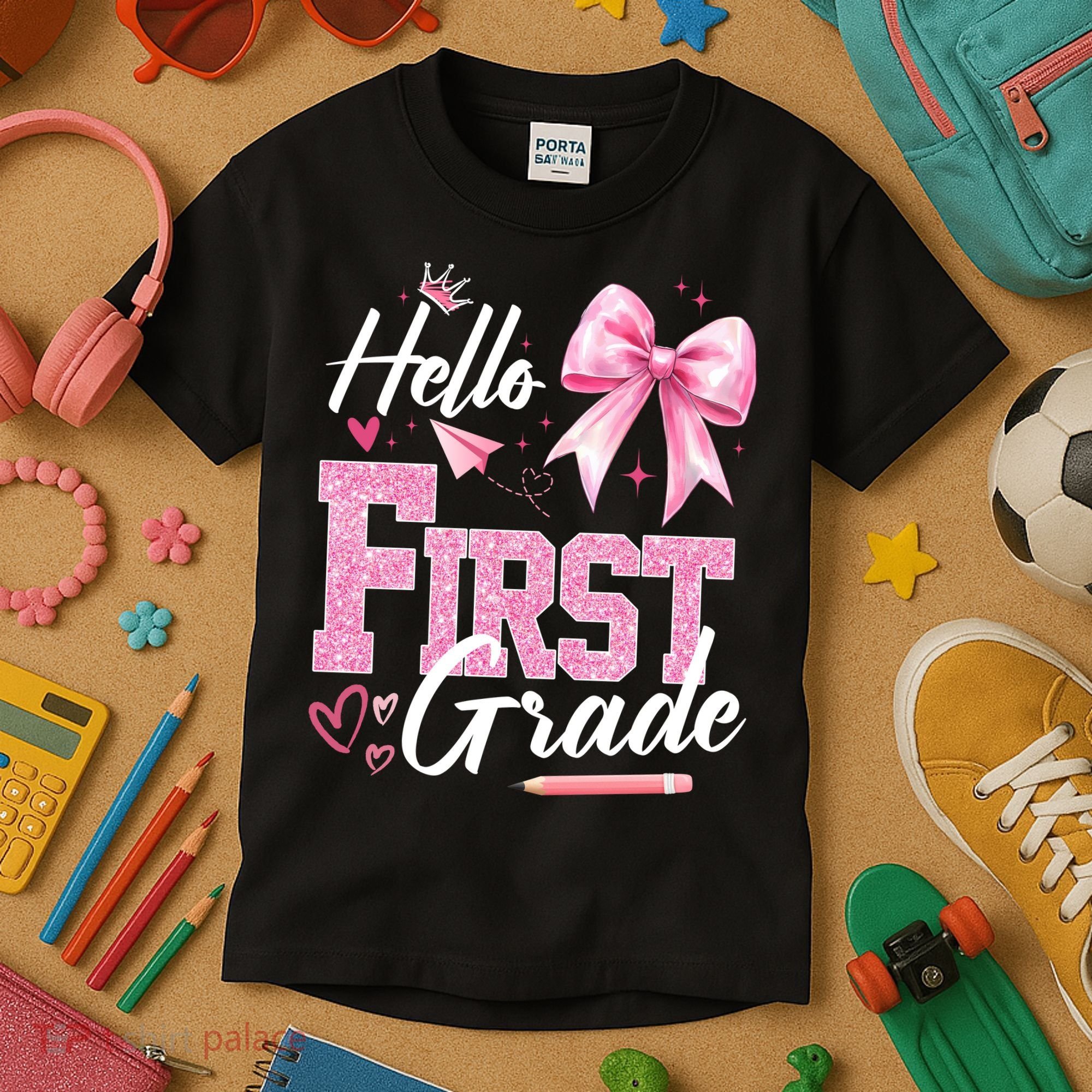 Hello First 1st Grade First Day Of School Coquette Teacher Kids T-Shirt