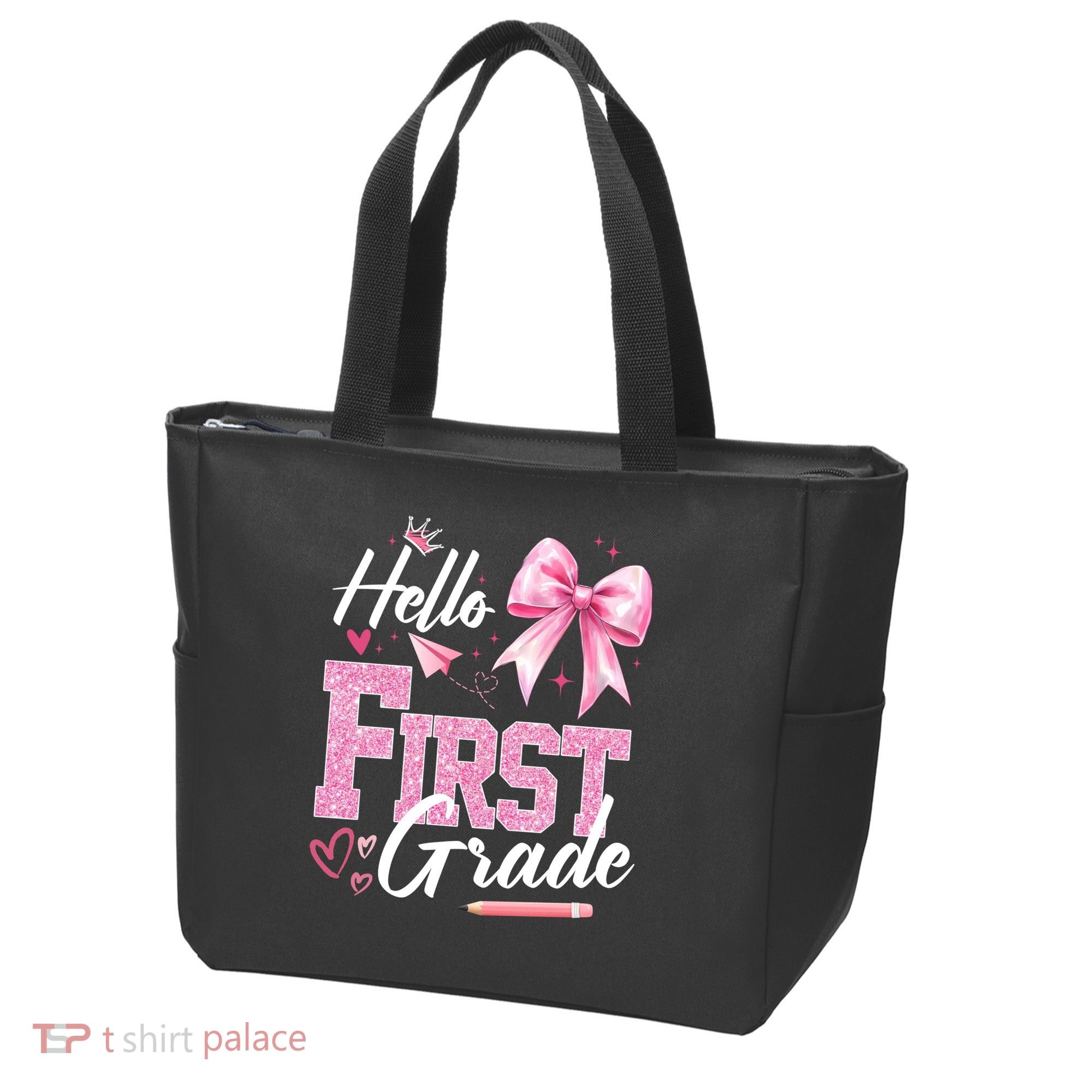 Hello First 1st Grade First Day Of School Coquette Teacher Tote Bag