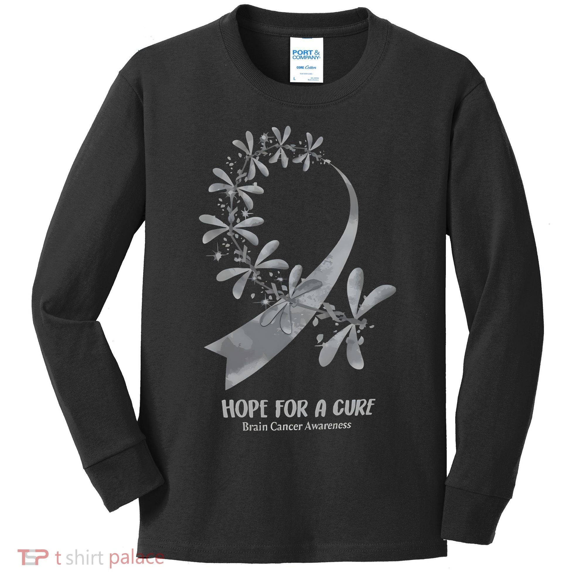 Hope For A Cure Brain Cancer Awareness Cancer Support Gray Ribbon Kids Long Sleeve Shirt