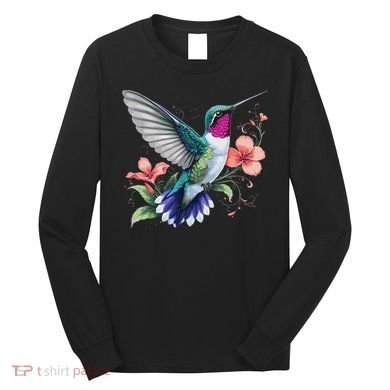 Hummingbird Floral Bird Artwork Long Sleeve Shirt