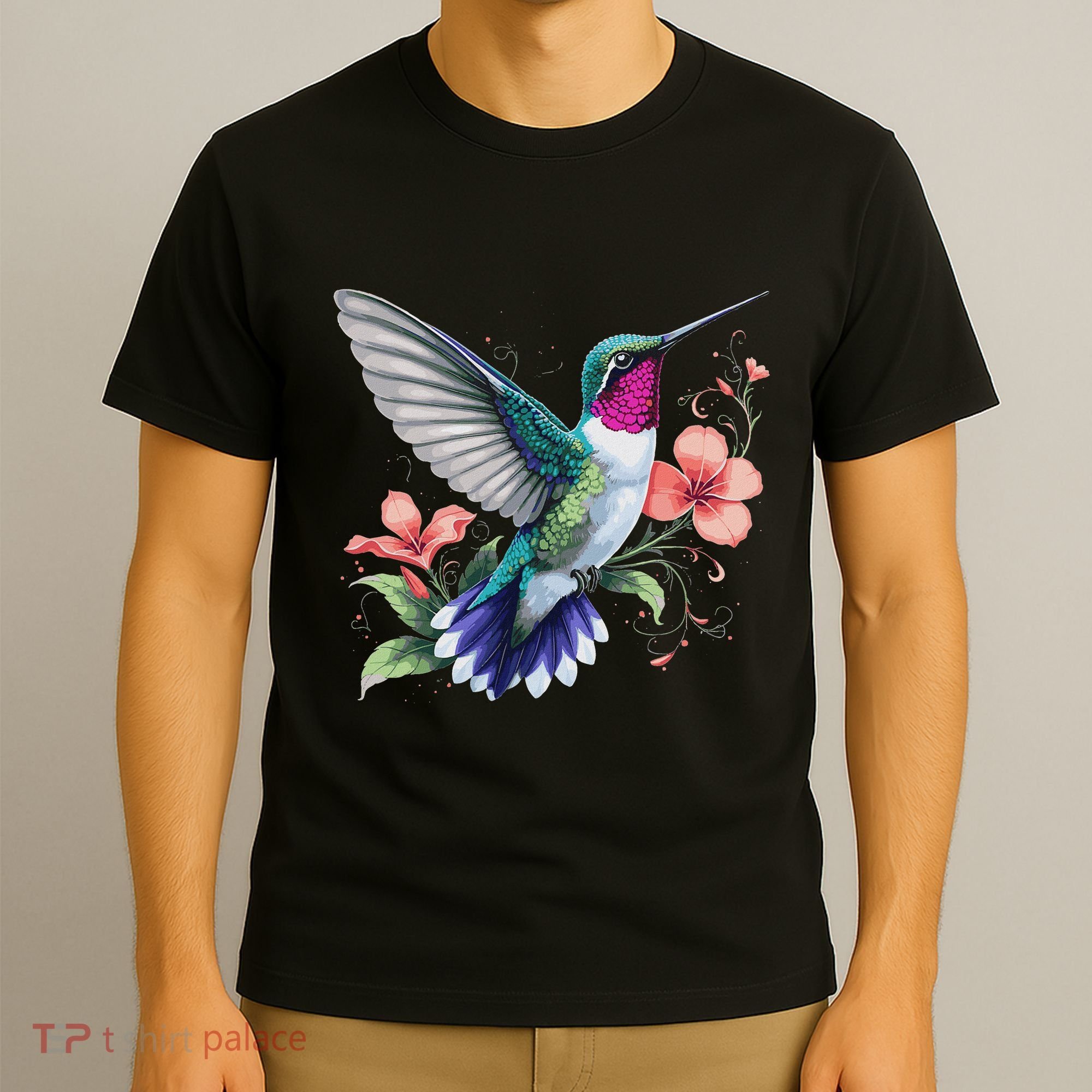 Hummingbird Floral Bird Artwork T-Shirt