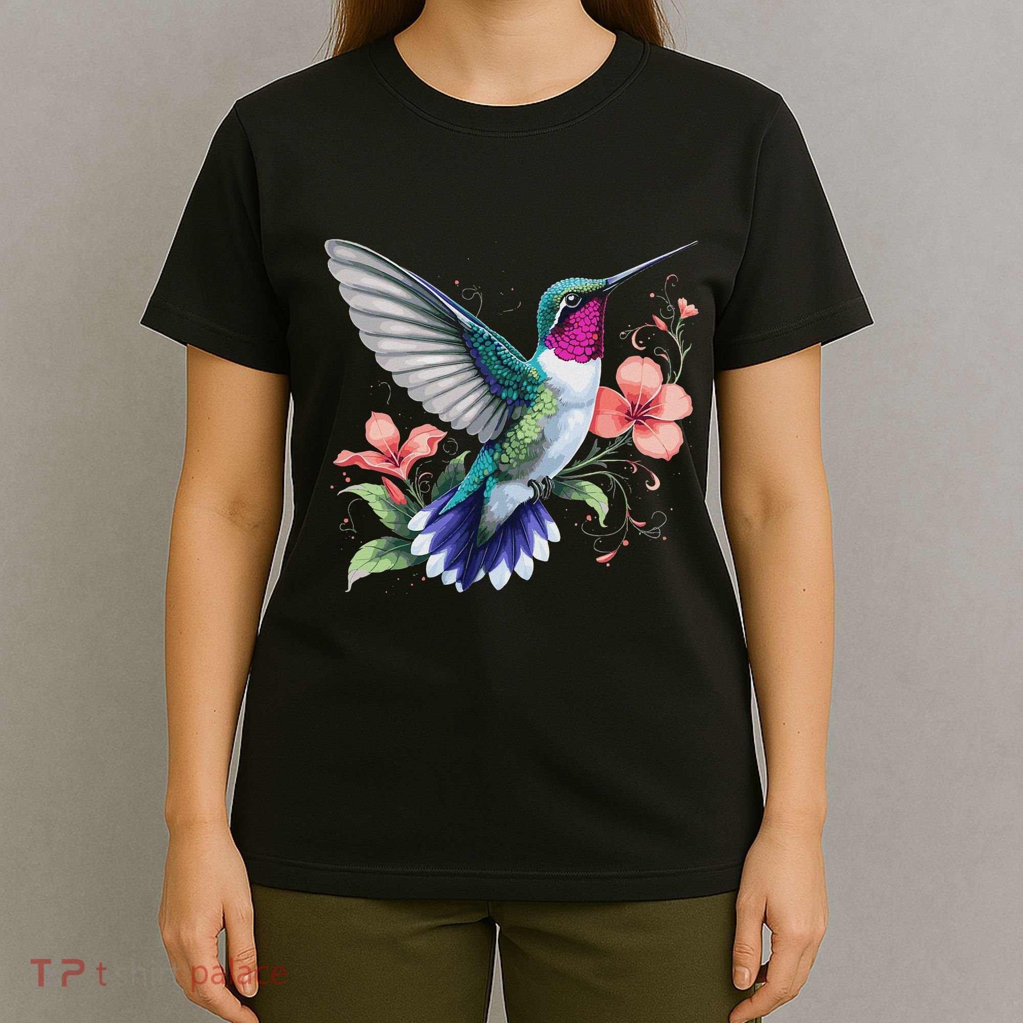 Hummingbird Floral Bird Artwork T-Shirt
