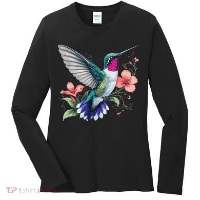 Hummingbird Floral Bird Artwork Women's Long Sleeve Shirt