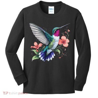 Hummingbird Floral Bird Artwork Kids Long Sleeve Shirt