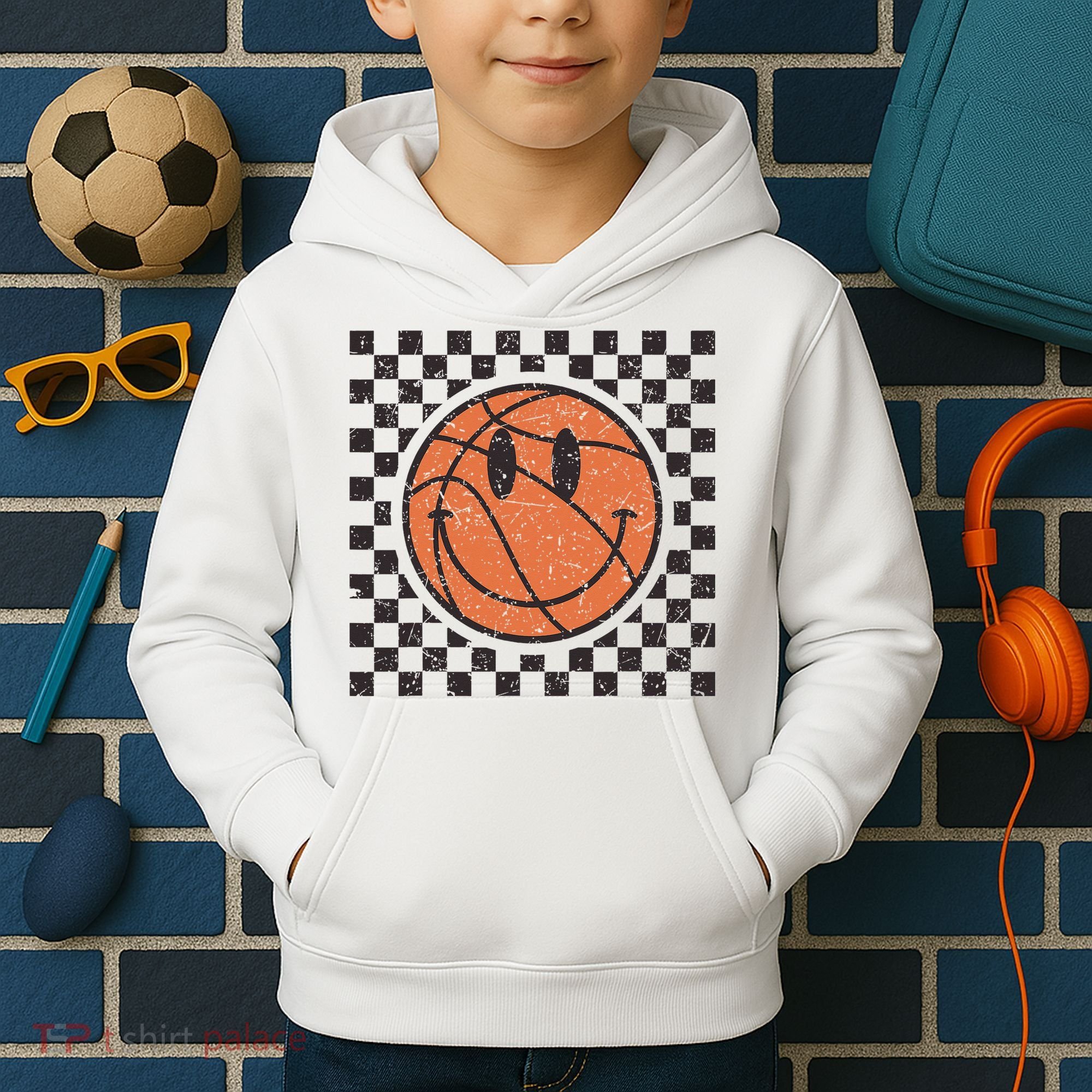 Happy Face Basketball Lover Smile Face Funny Smiling Kids Hoodie
