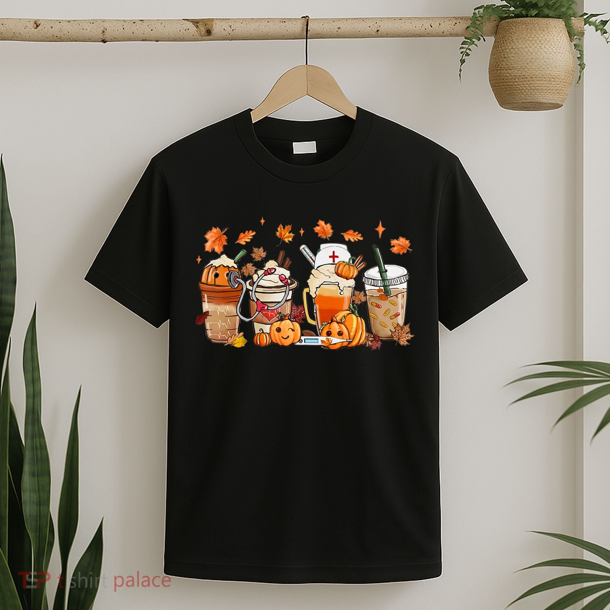 Happy Fall Coffee Latte Cups Stethoscope Nurse T-Shirt