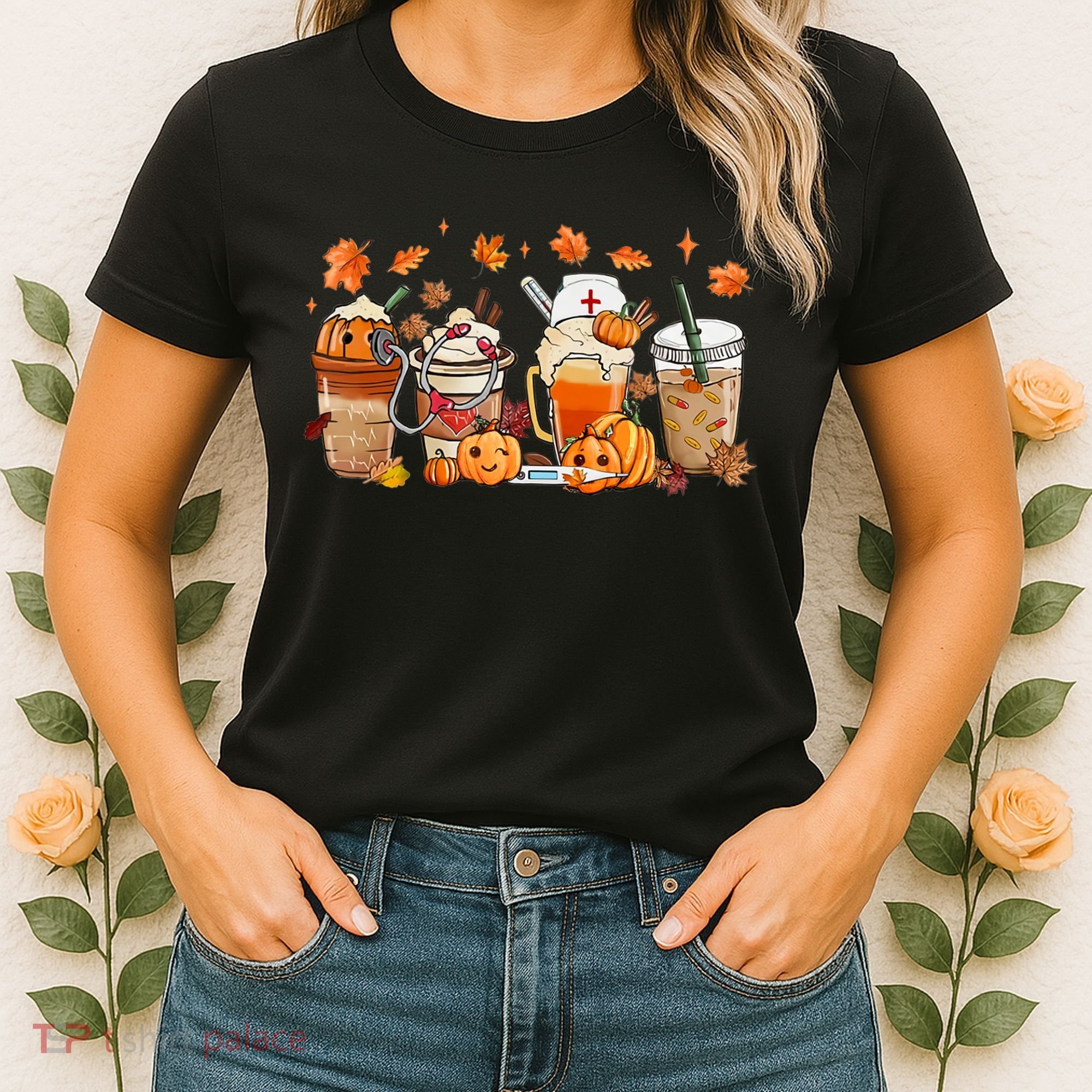 Happy Fall Coffee Latte Cups Stethoscope Nurse Women's T-Shirt