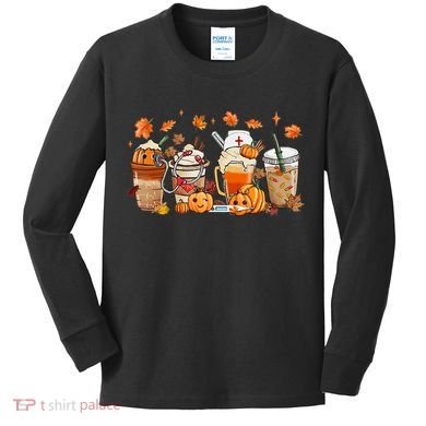 Happy Fall Coffee Latte Cups Stethoscope Nurse Kids Long Sleeve Shirt