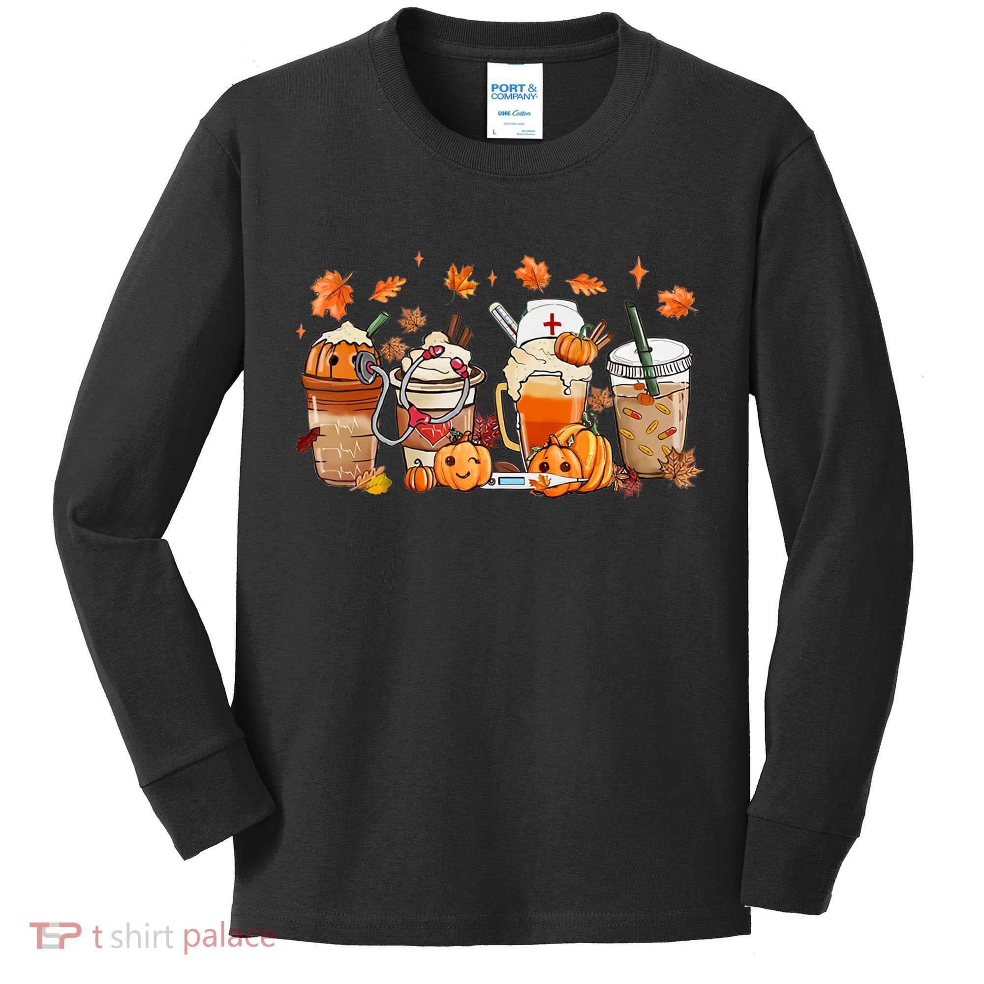 Happy Fall Coffee Latte Cups Stethoscope Nurse Kids Long Sleeve Shirt