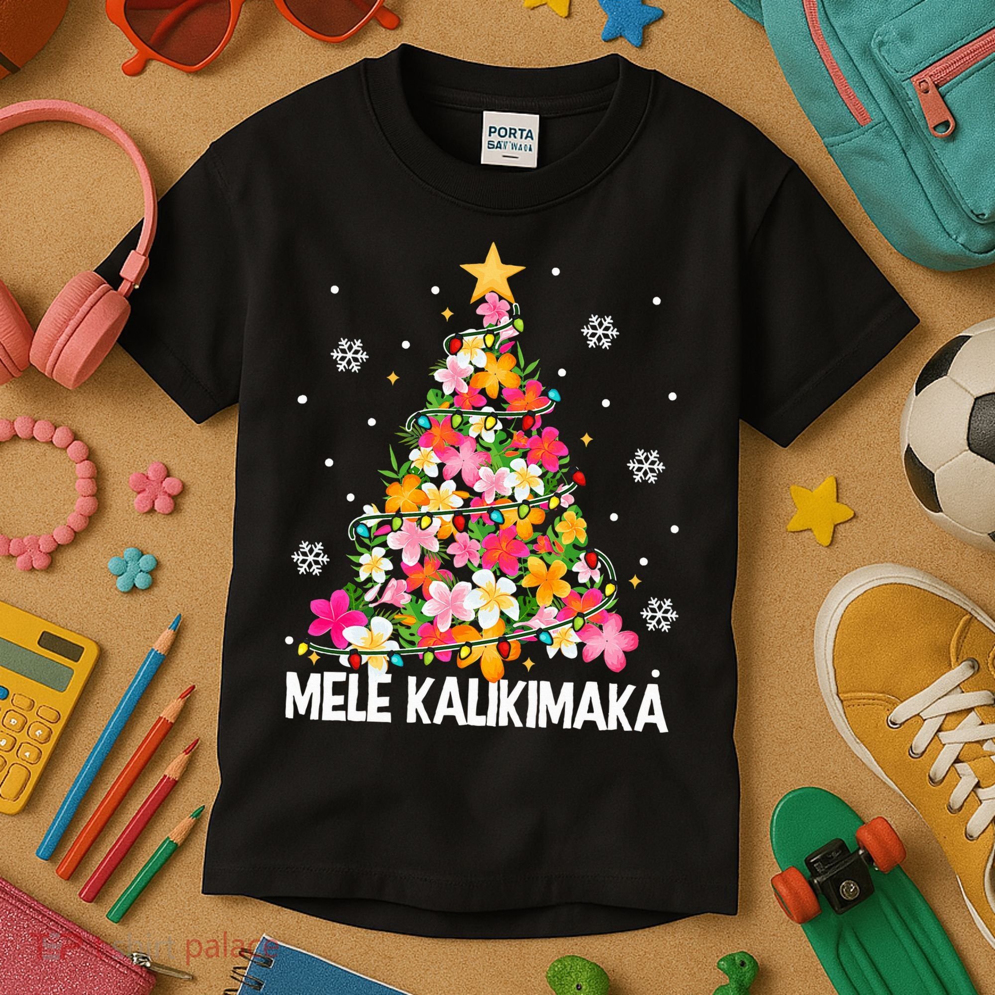 Hawaiian Floral Christmas Tree Mele Kalikimaka Tropical Xmas Kids T-Shirt