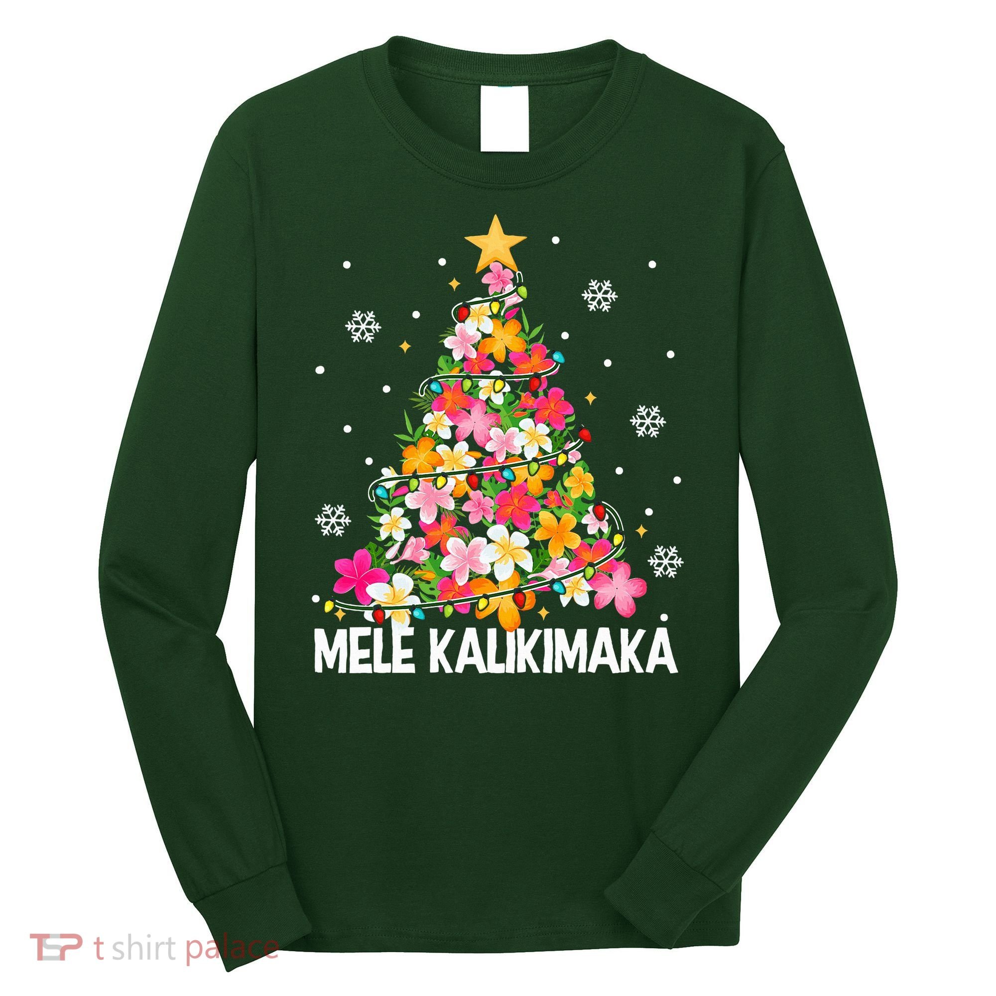 Hawaiian Floral Christmas Tree Mele Kalikimaka Tropical Xmas Long Sleeve Shirt