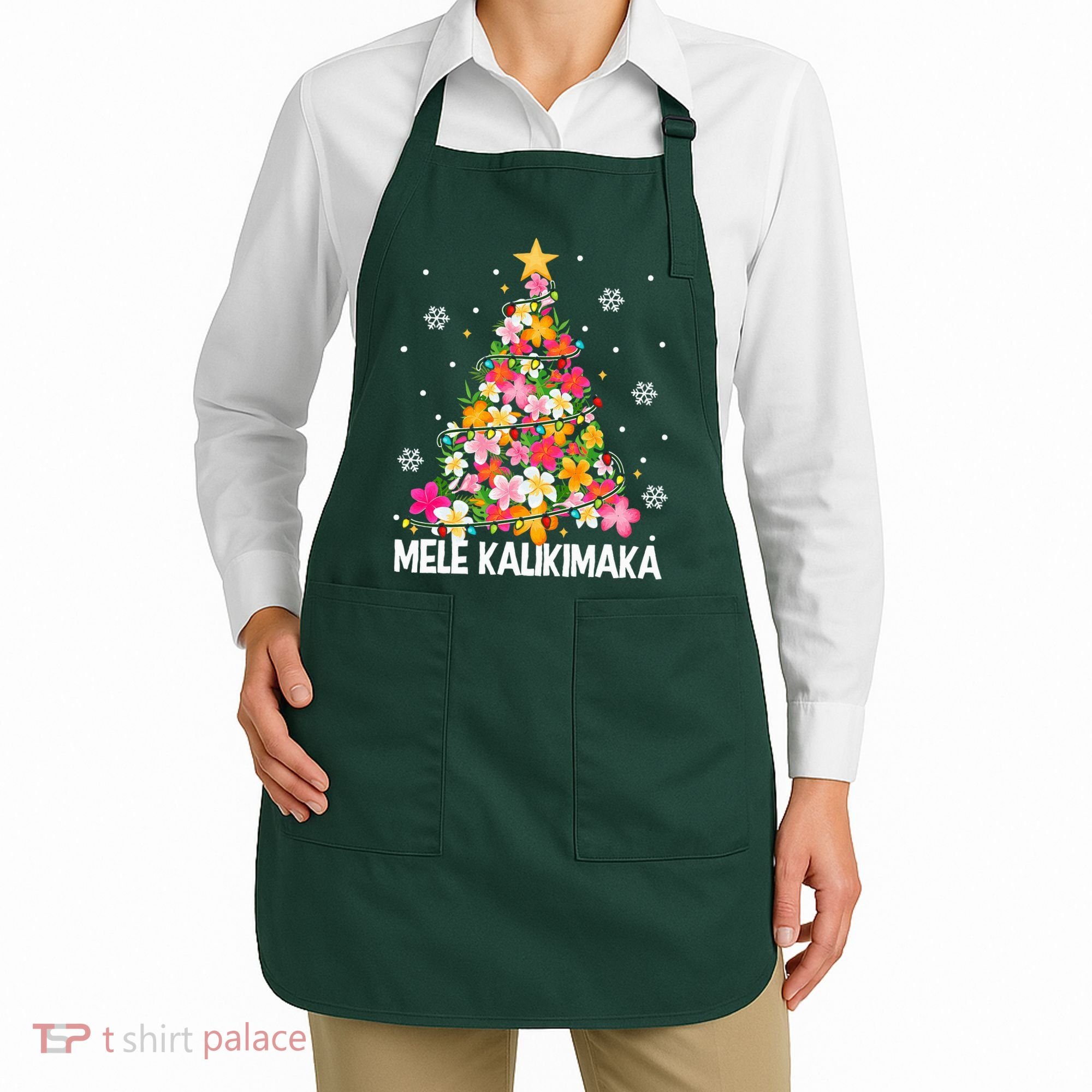 Hawaiian Floral Christmas Tree Mele Kalikimaka Tropical Xmas Apron