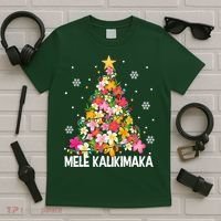 Hawaiian Floral Christmas Tree Mele Kalikimaka Tropical Xmas T-Shirt thumb 5