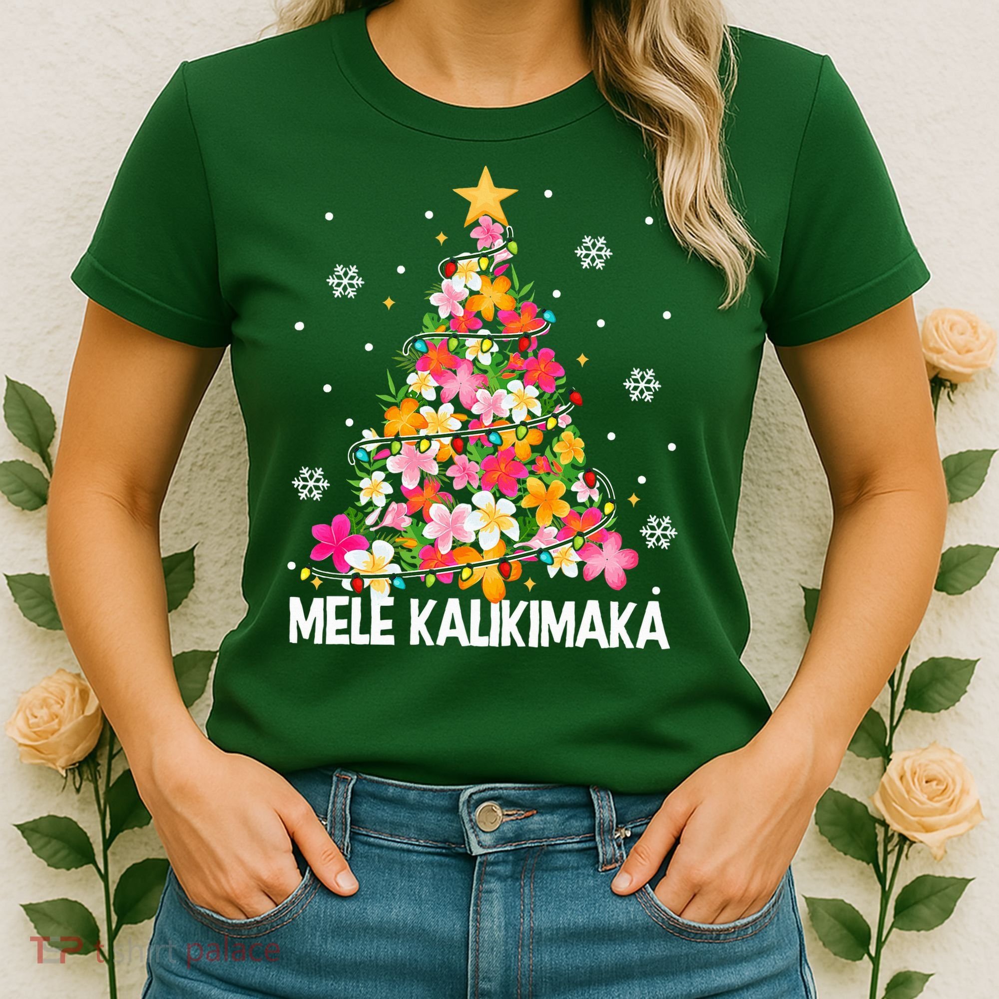 Hawaiian Floral Christmas Tree Mele Kalikimaka Tropical Xmas Women's T-Shirt
