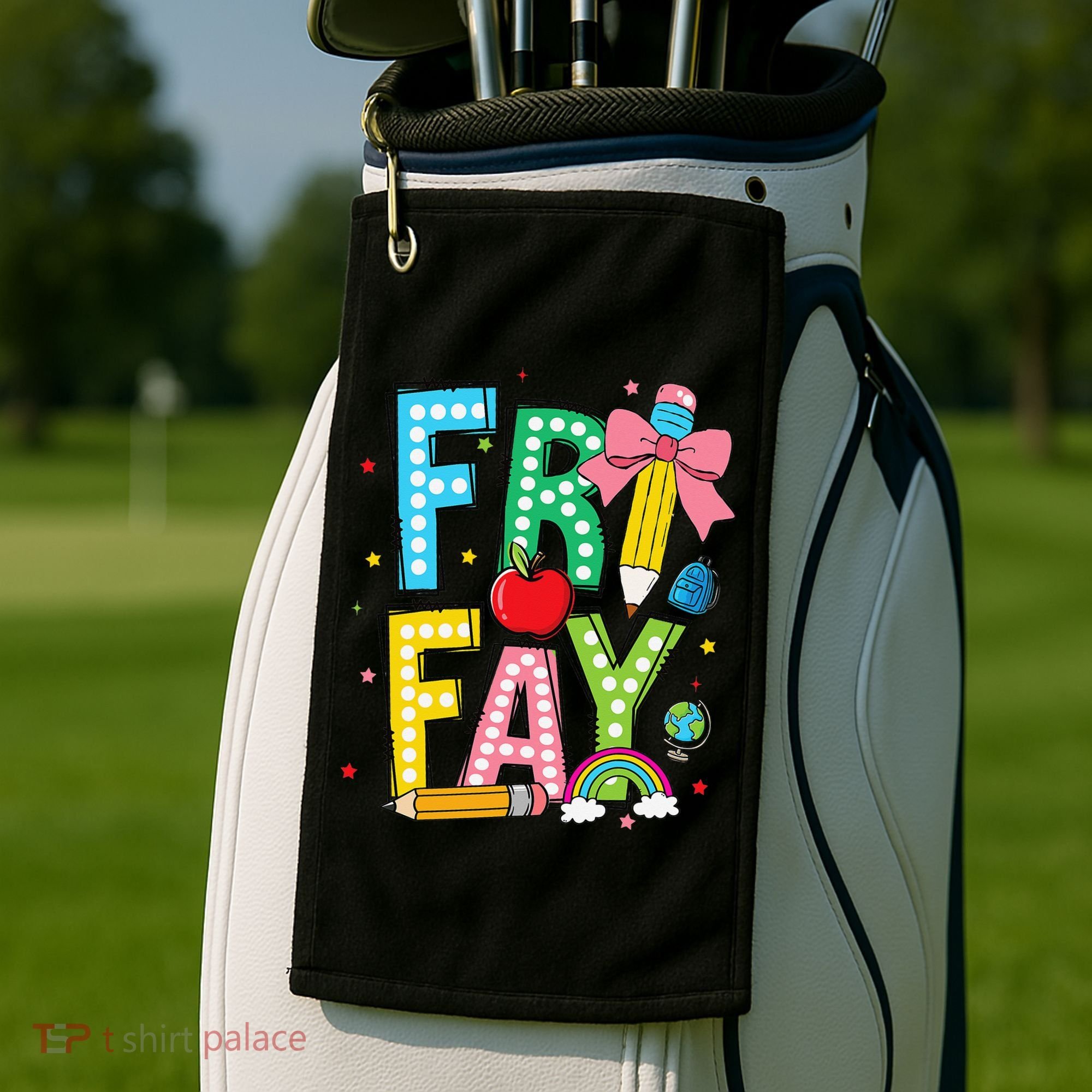 Happy Friyay Coquette Bow Friday Weekend Teacher Golf Towel