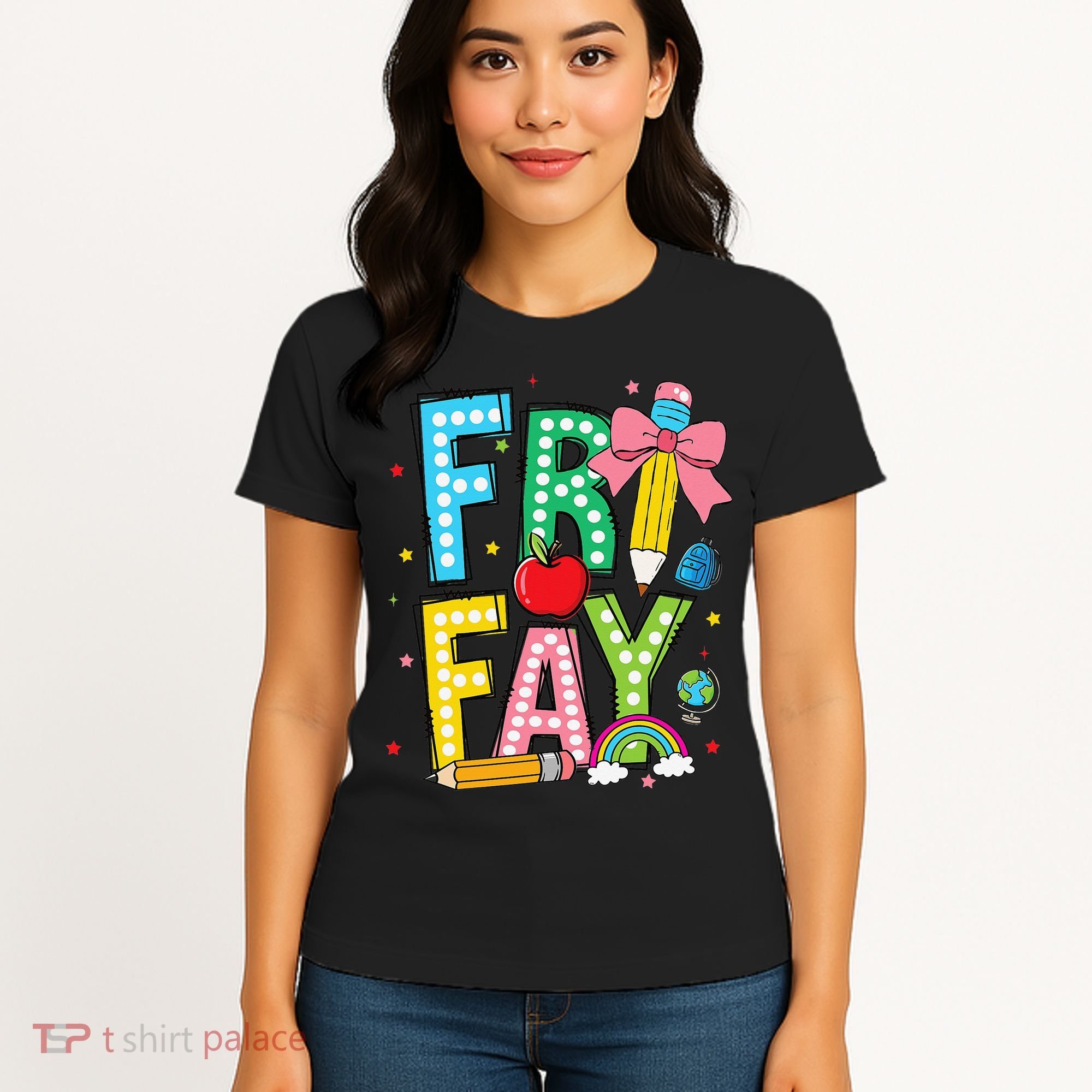 Happy Friyay Coquette Bow Friday Weekend Teacher Women's T-Shirt