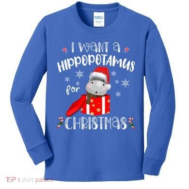 Hippopotamus For Christmas Matching Xmas Hippo Pajama Gift Kids Long Sleeve Shirt