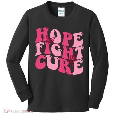Hope Fight Cure Breast Cancer Butterfly Awareness Kids Long Sleeve Shirt