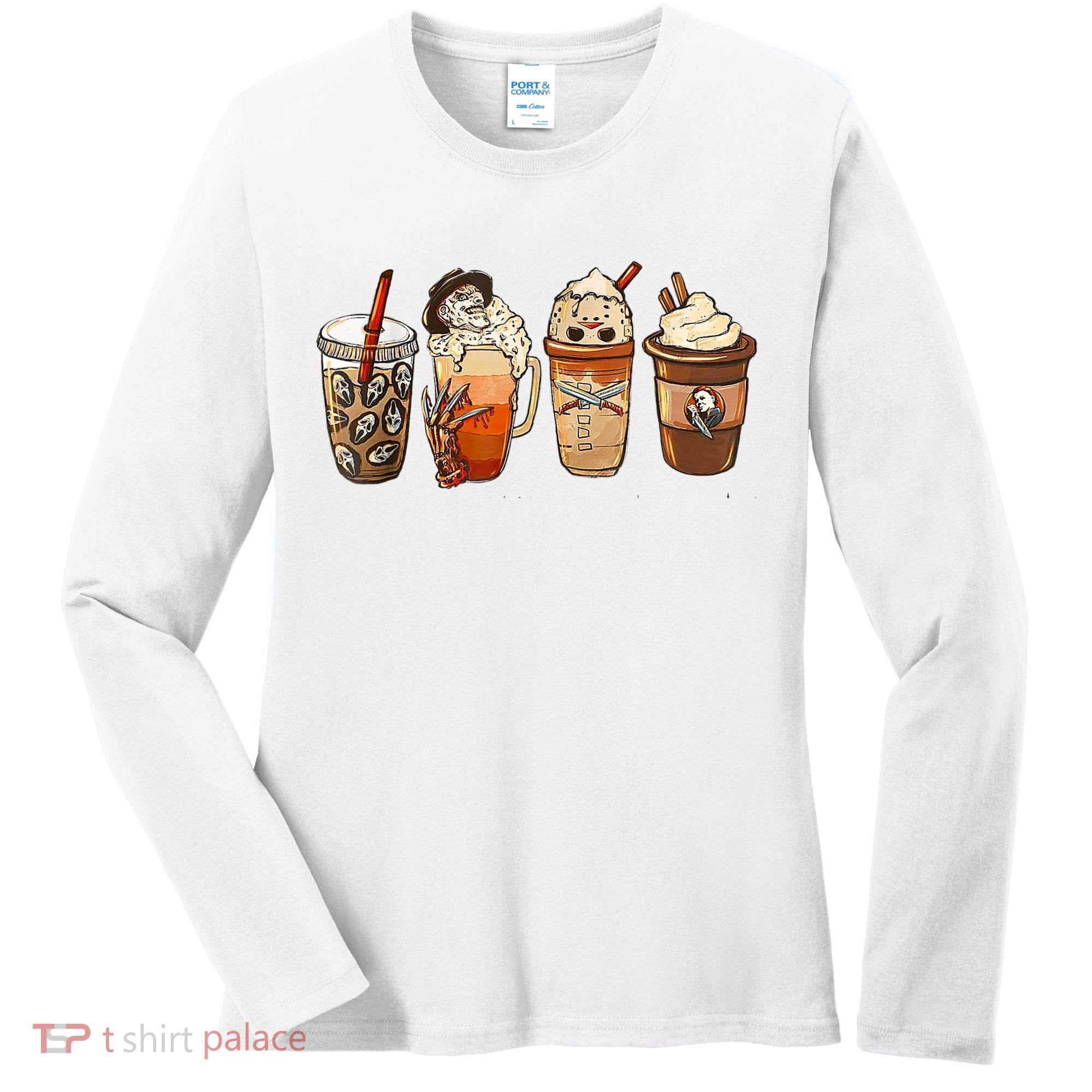 Horror Fall Coffee Pumpkin Spice Latte Iced Autumn Halloween Women's Long Sleeve Shirt
