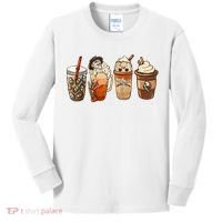 Horror Fall Coffee Pumpkin Spice Latte Iced Autumn Halloween Kids Long Sleeve Shirt thumb 0