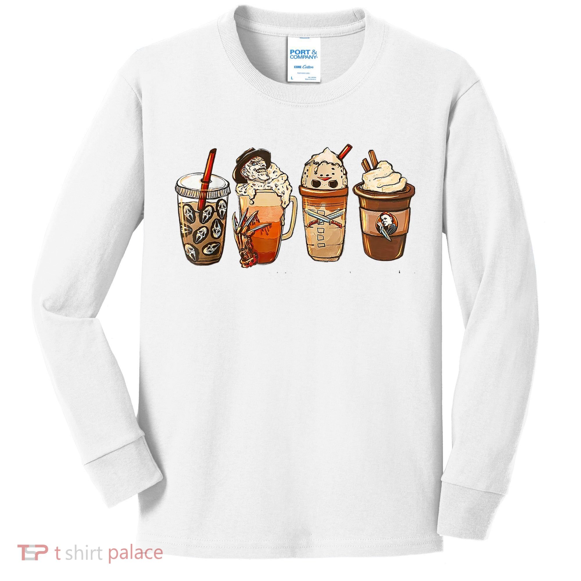Horror Fall Coffee Pumpkin Spice Latte Iced Autumn Halloween Kids Long Sleeve Shirt