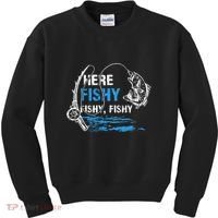 Here Fishy Funny Fishing Fishermen Fish Graphic Kids Sweatshirt thumb 0