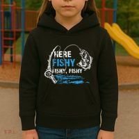 Here Fishy Funny Fishing Fishermen Fish Graphic Kids Hoodie thumb 3