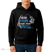 Here Fishy Funny Fishing Fishermen Fish Graphic Kids Hoodie thumb 4