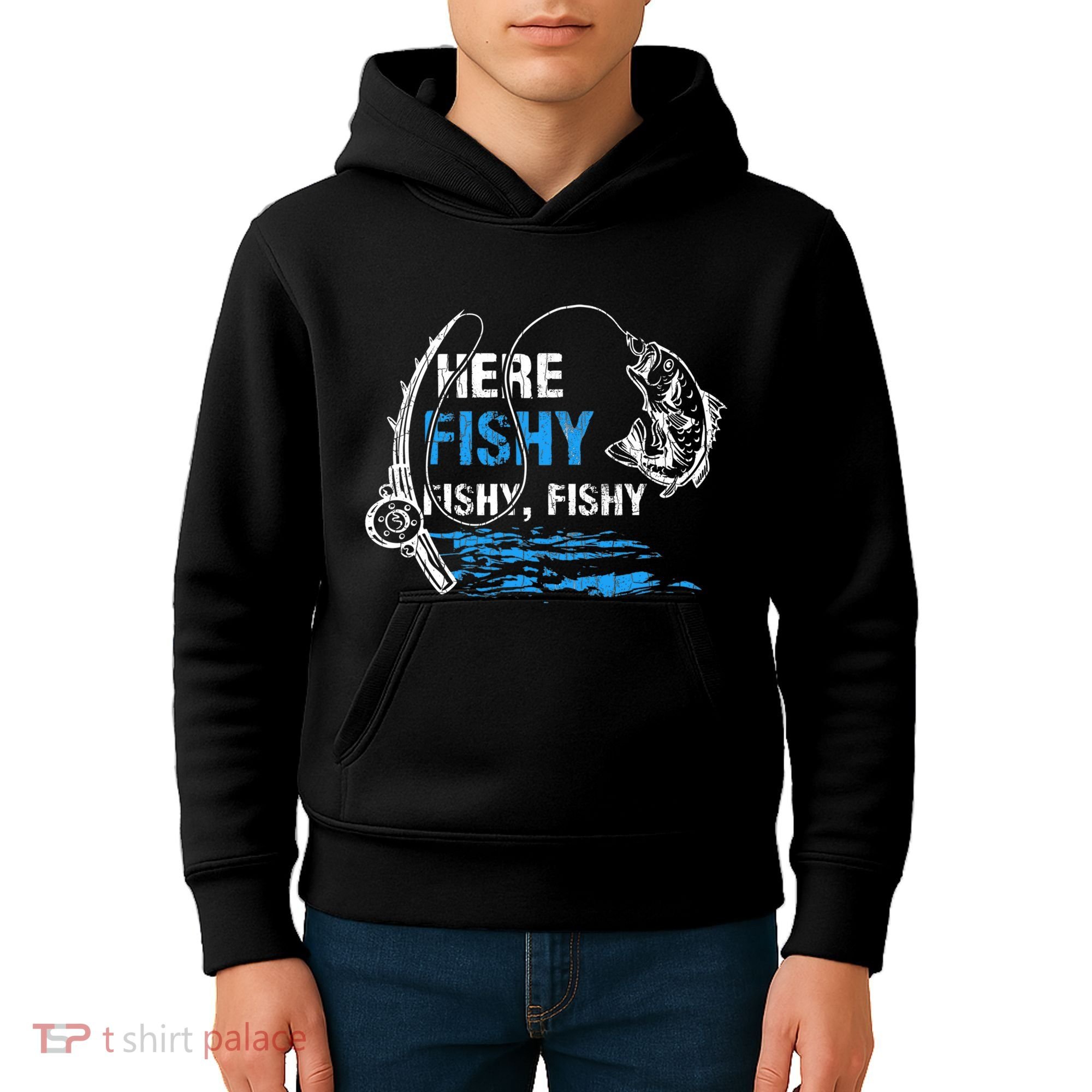 Here Fishy Funny Fishing Fishermen Fish Graphic Kids Hoodie
