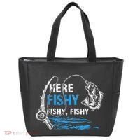 Here Fishy Funny Fishing Fishermen Fish Graphic Tote Bag thumb 0